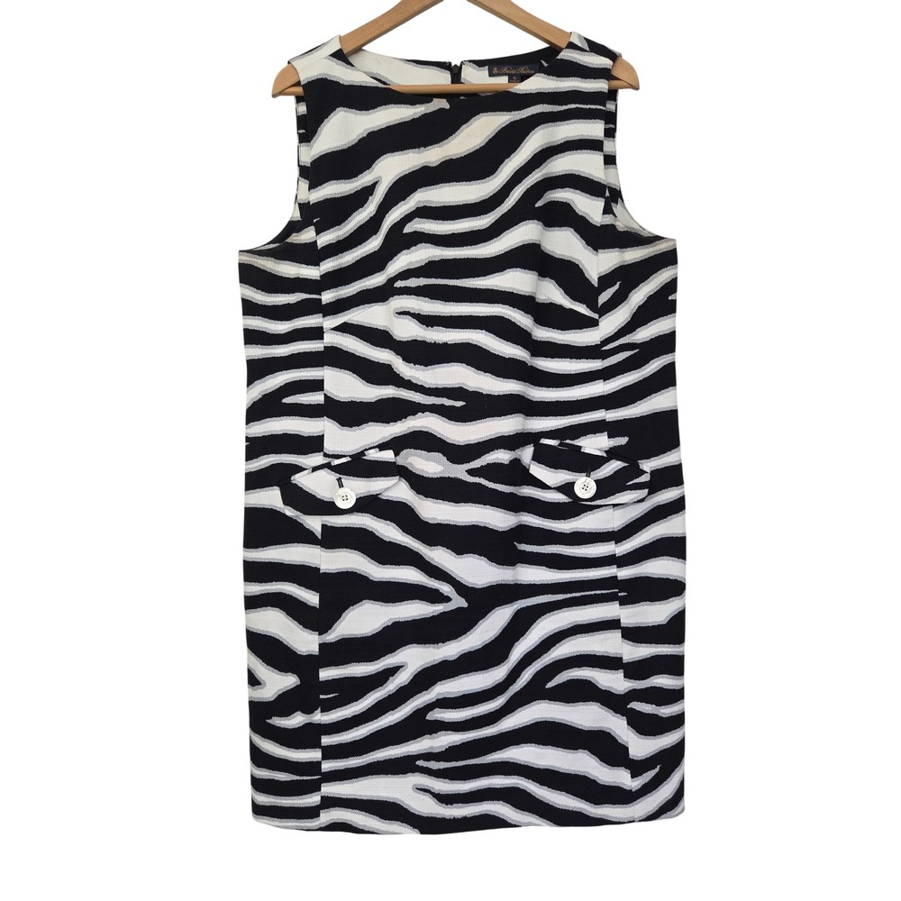 Brooks Brothers Zebra Print Shift Dress Womens 16 Black White Sleeveless